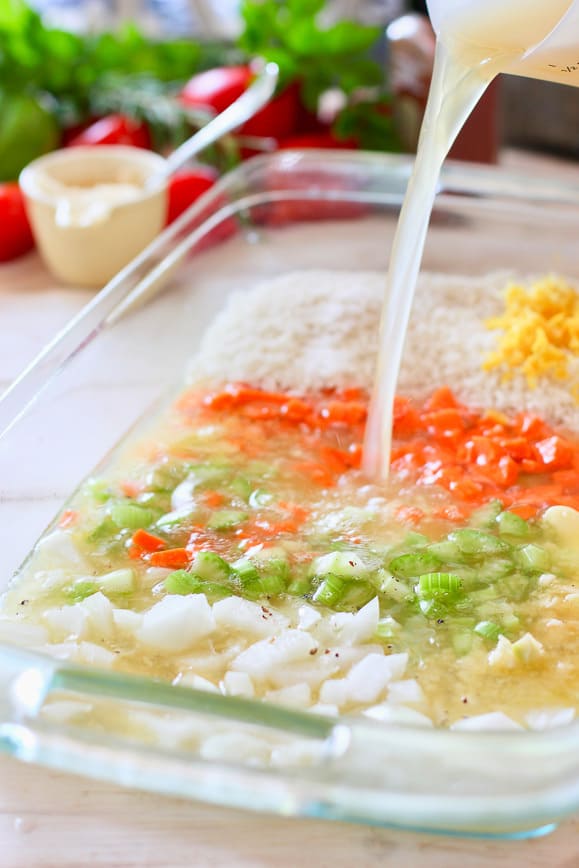 adding hot liquid to the veggies