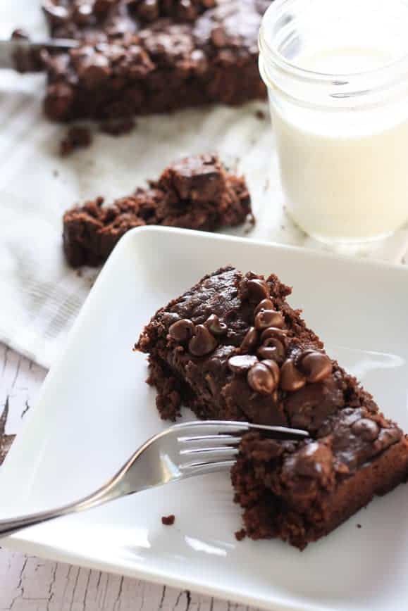 A white plate with a slice of chocolate zucchini bread with a glass of milk in the background