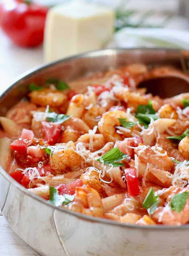 pasta with shrimp sauce in skillet