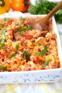 overhead view of rice in casserole dish