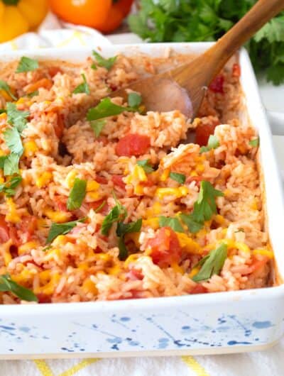overhead view of rice in casserole dish