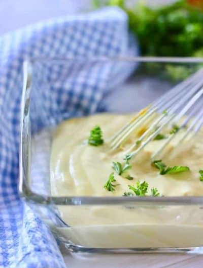 Yogurt Honey Mustard Dressing in glass dish