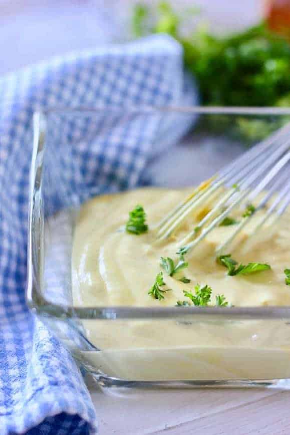 Creamy Yogurt Mustard Dressing in a clear bowl
