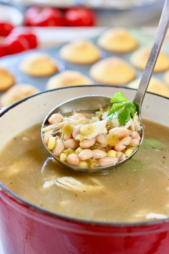 a large red pot of white chicken chili