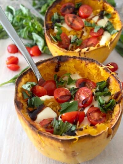 caprese spaghetti squash on sheet pan
