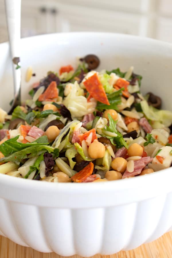 mixing bowl full of chopped italian salad