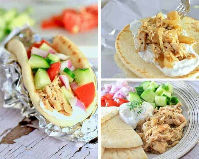 showing ways too eat slow cooker chicken on a pita or on a plate