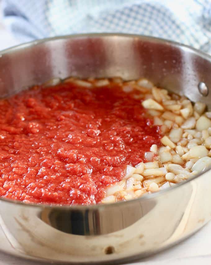 tomatoes, garlic and onion in a skillet