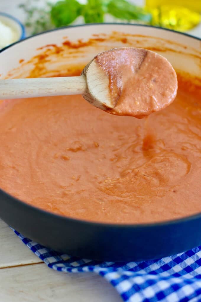 creamy tomato pasta sauce in a skillet