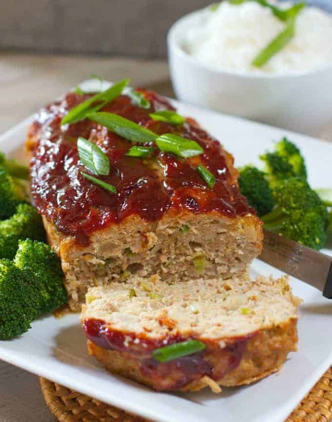 Asian Meatloaf on white platter