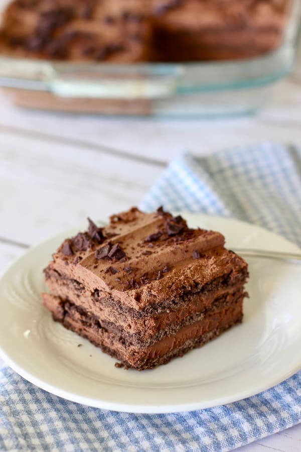 Chocolate Mousse Cake on a white plate