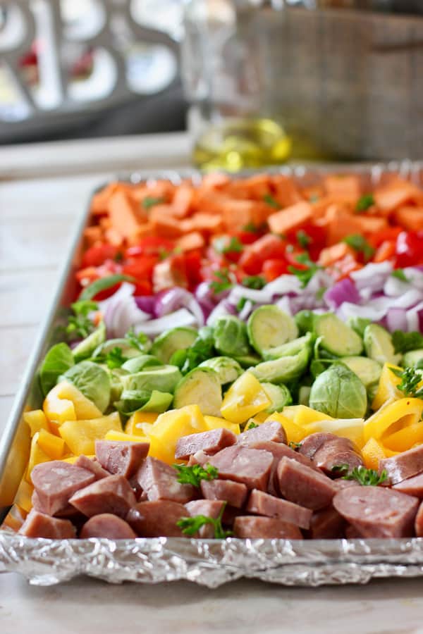 sausage and veggies on a large sheet pan