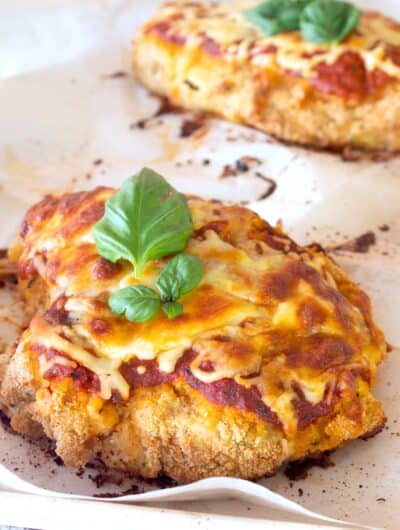 double view of baked chicken parmesan