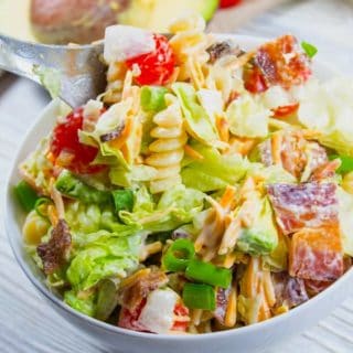 bowl of BLT Pasta Salad with Avocado and Ranch