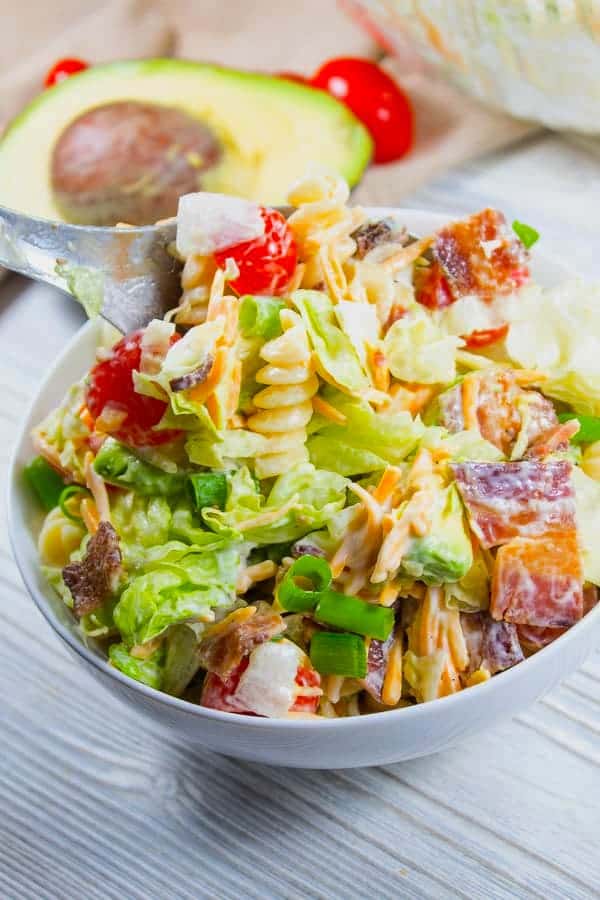 bowl of BLT Pasta Salad with Avocado and Ranch