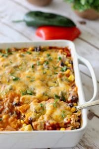 healthy mexican casserole in a white dish