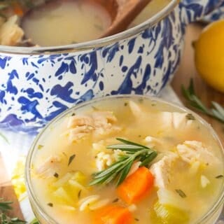 overhead view of lemon orzo soup
