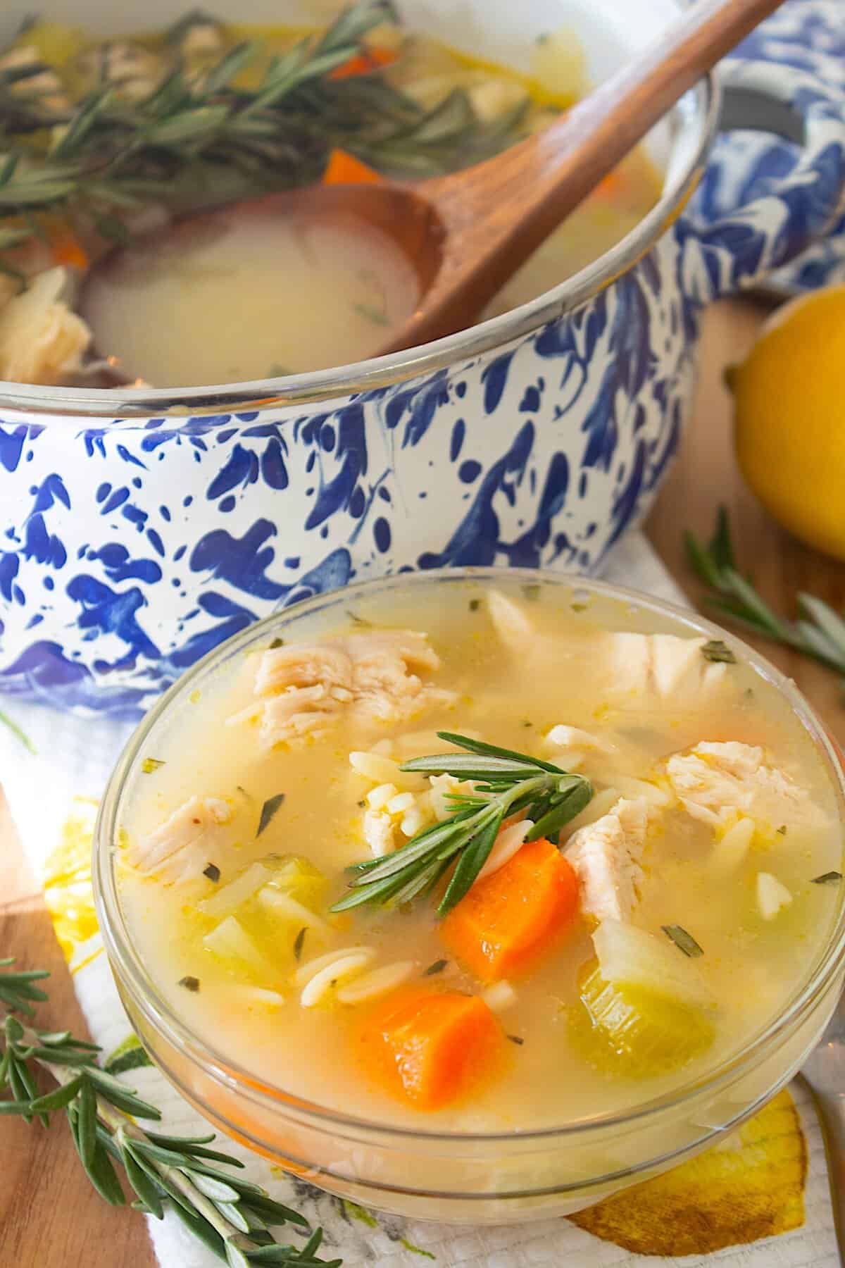 overhead view of lemon orzo soup