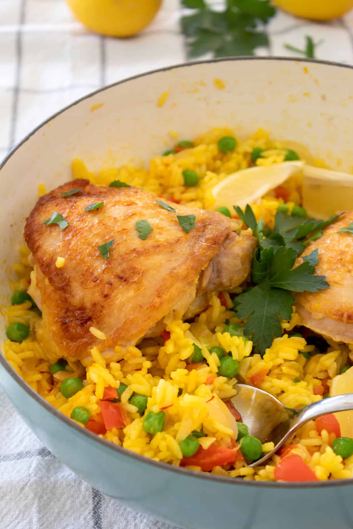 side view of pan with chicken and rice