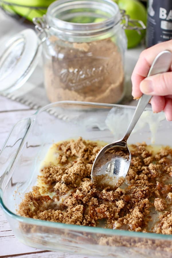 combine brown sugar butter and nuts in a glass baking dish