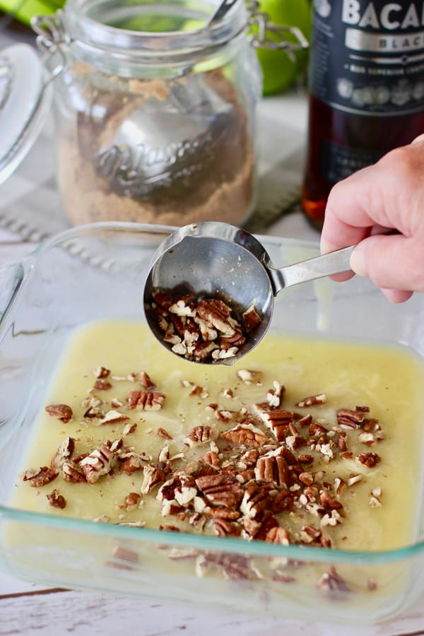 butter and nuts to start the banana foster cake