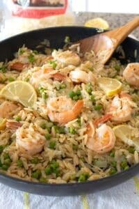 overhead view of shrimp orzo pasta dinner
