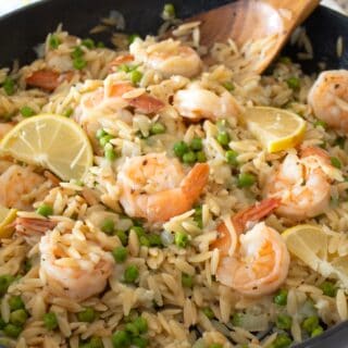 overhead view of shrimp orzo pasta dinner