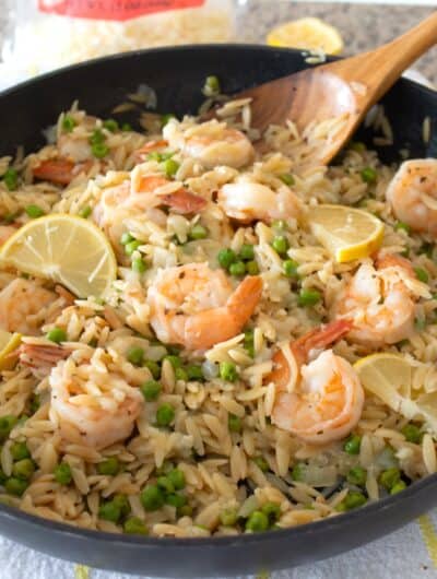 overhead view of shrimp orzo pasta dinner