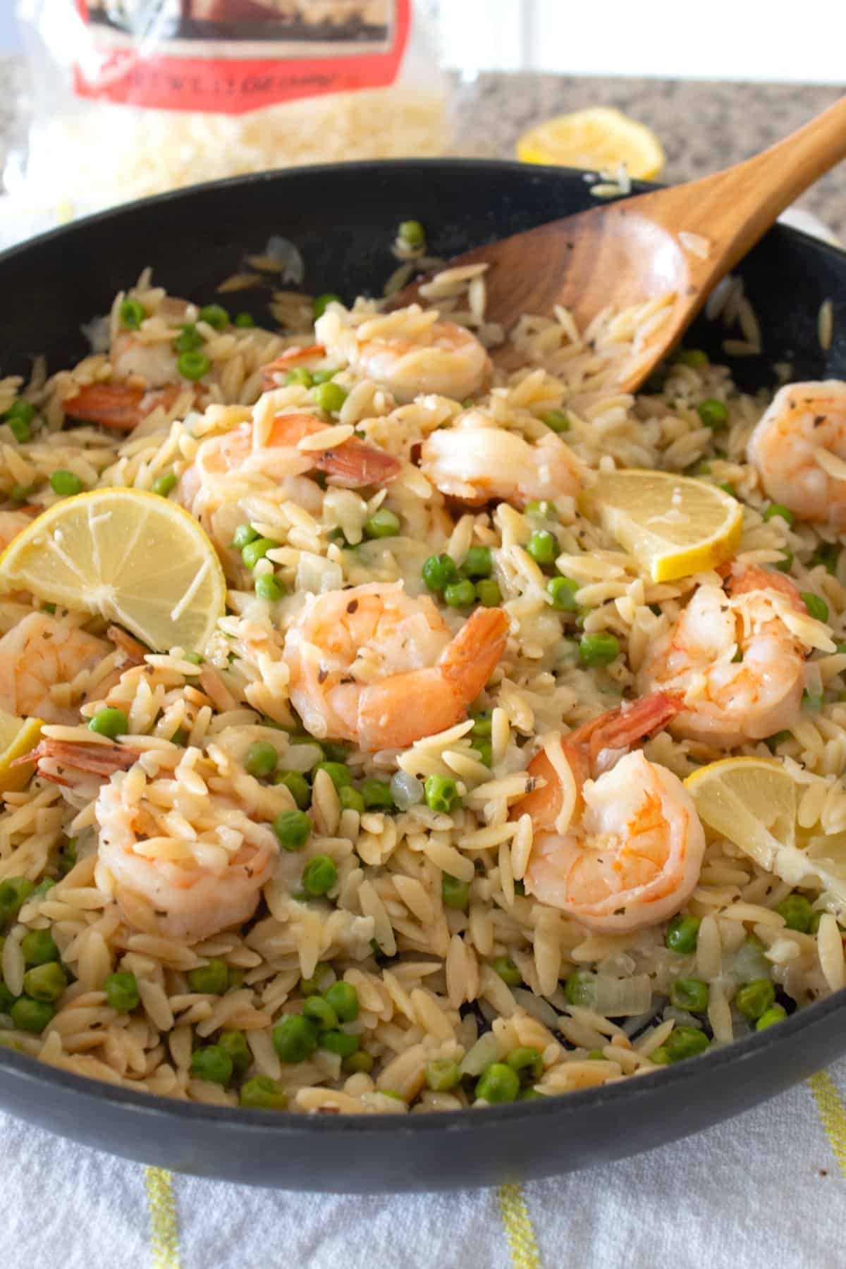 overhead view of shrimp orzo pasta dinner