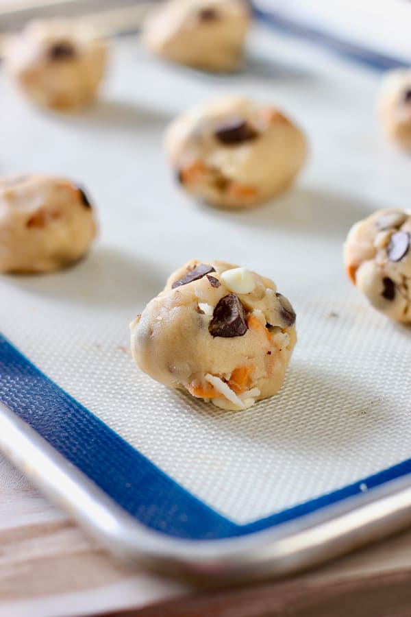 cowboy cookie dough on a baking sheet