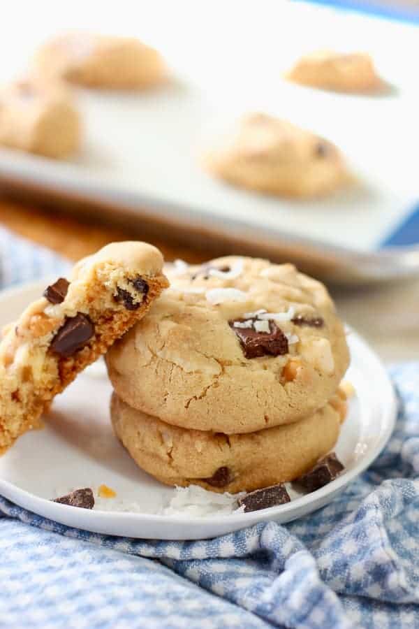 cowboy cookies on a white platter