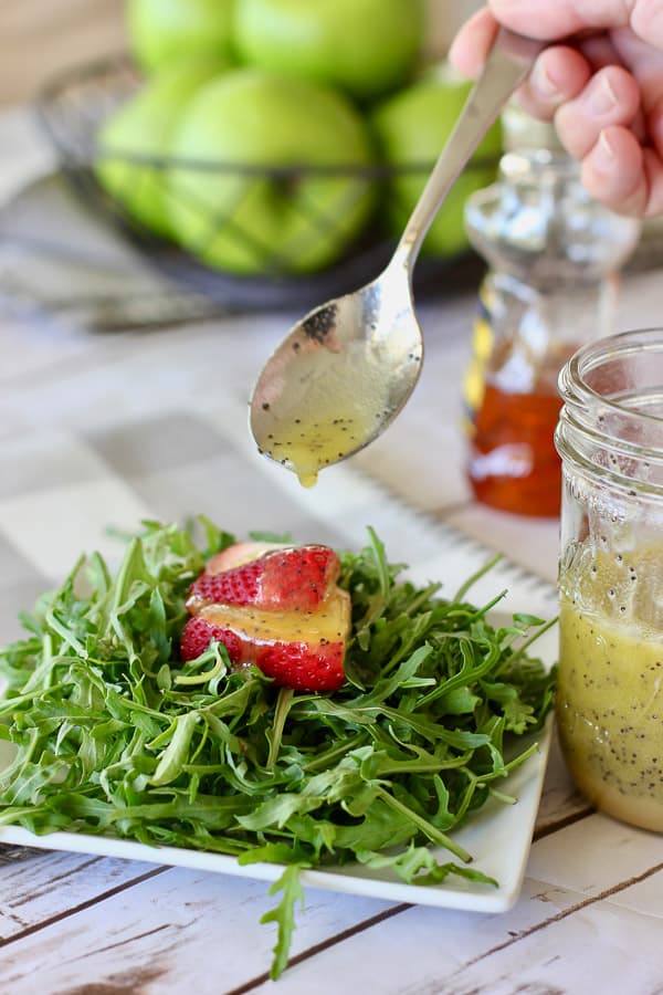 poppy seed dressing is delicious served on fruit and vegetables