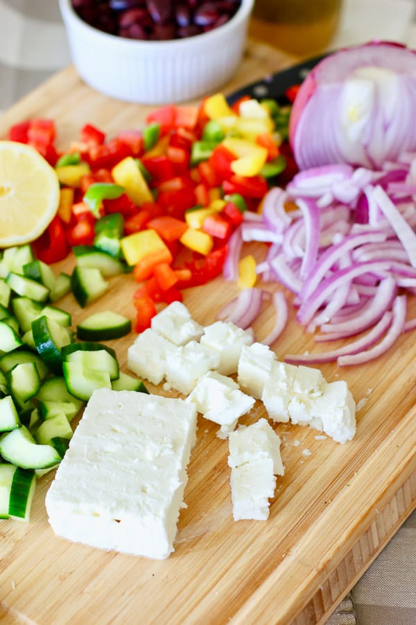 large chunks of feta cheese make greek pasta salad special