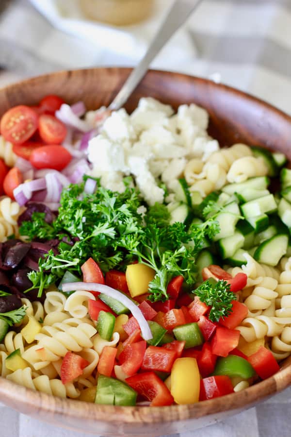 cut up veggies for greek pasta salad