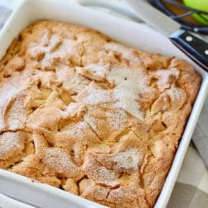 Easy Apple Cake in a white baking dish