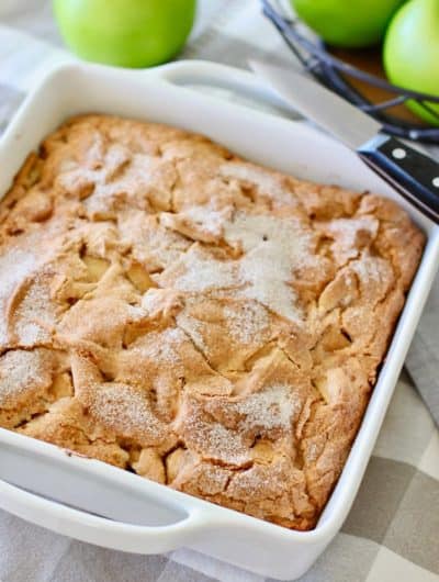 Easy Apple Cake in a white baking dish