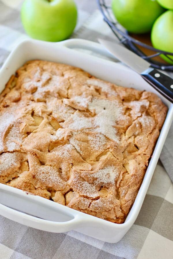 Easy Apple Cake in a white baking dish