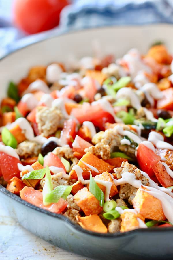 Ground turkey sweet potato skillet ready to serve