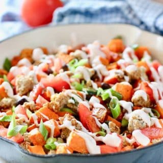 Ground Turkey and Sweet Potato Skillet in blue pan
