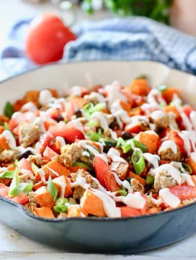 Ground Turkey and Sweet Potato Skillet in blue pan