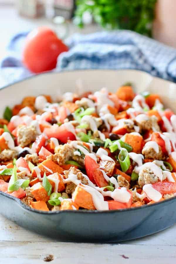 Ground Turkey and Sweet Potato Skillet in blue pan