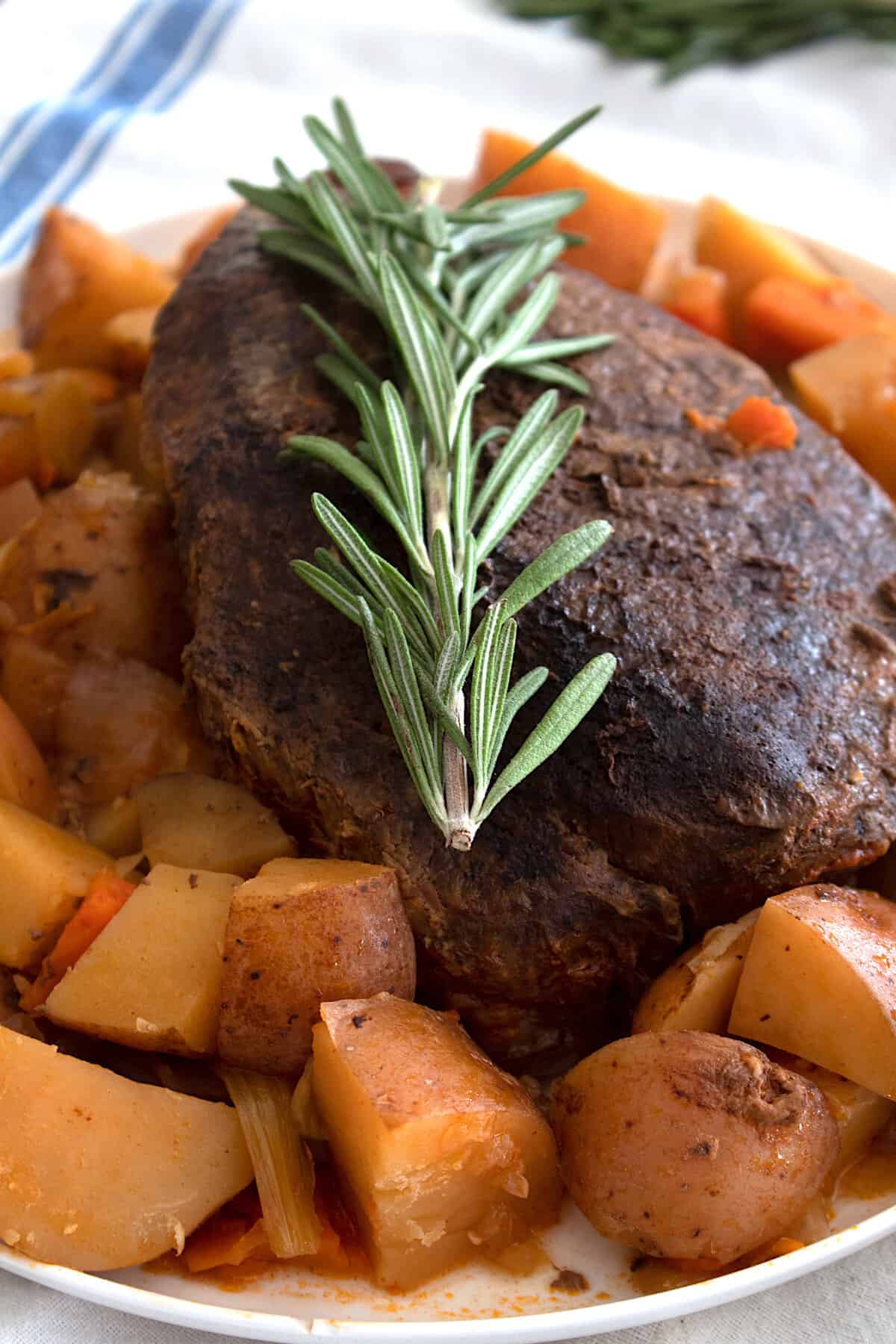 pot roast and potatoes on a plate