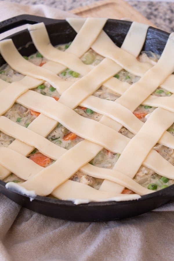 raw chicken pot pie before baking crust