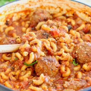 One pan meatball and pasta skillet dinner