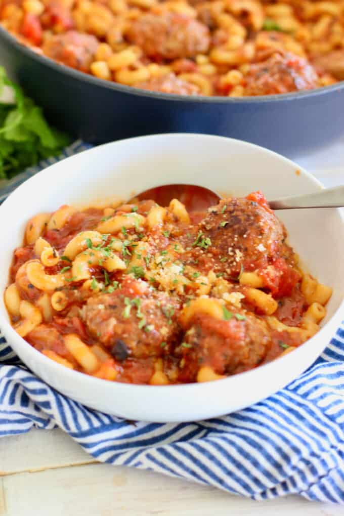 one pan pasta and meatballs in a bowl