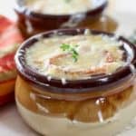 french onion soup in a beautiful brown bowl