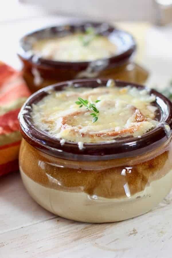 french onion soup in a beautiful brown bowl