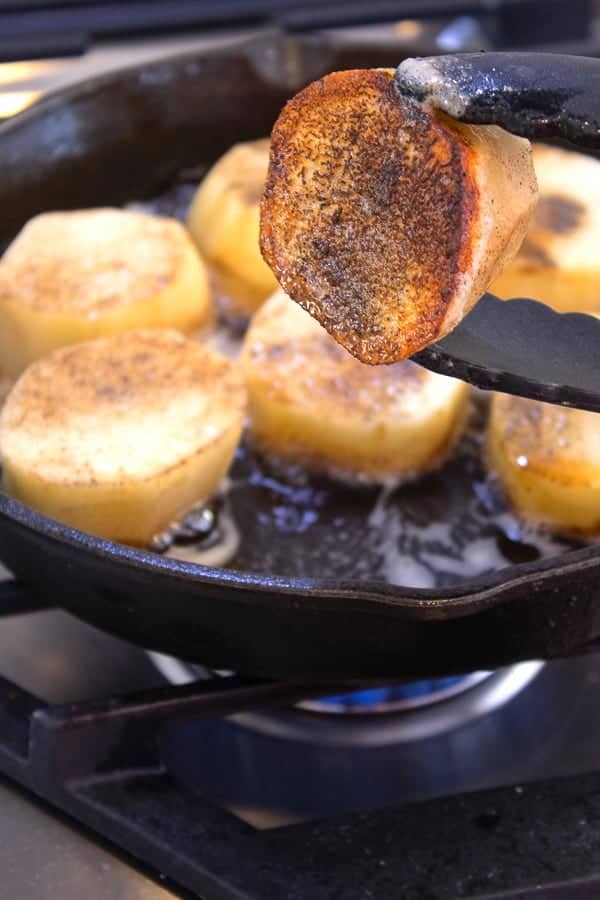 showing browned side of cylindrical fondant potato underside