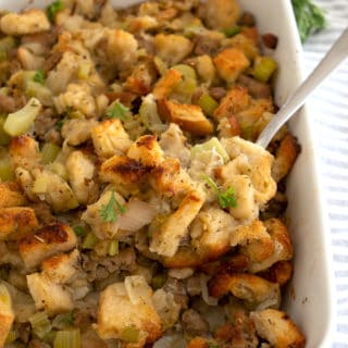 thanksgiving dressing in a casserole dish