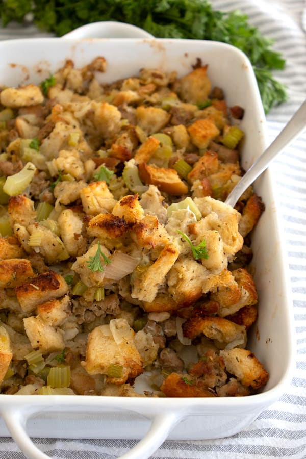 thanksgiving dressing in a casserole dish